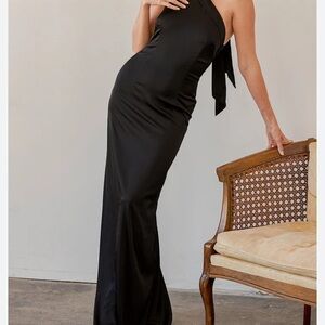 Lulus Waltz With You Black Satin Halter Maxi Dress